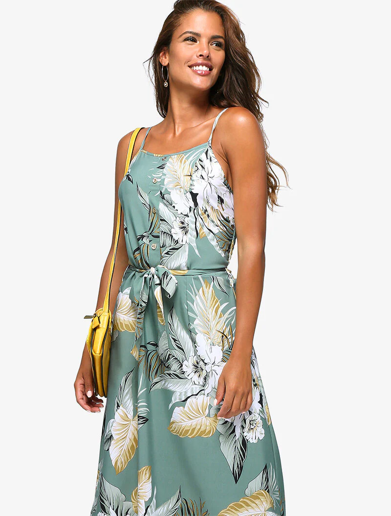 Lange jurk met tropische print - blauwgrijs - Image 5