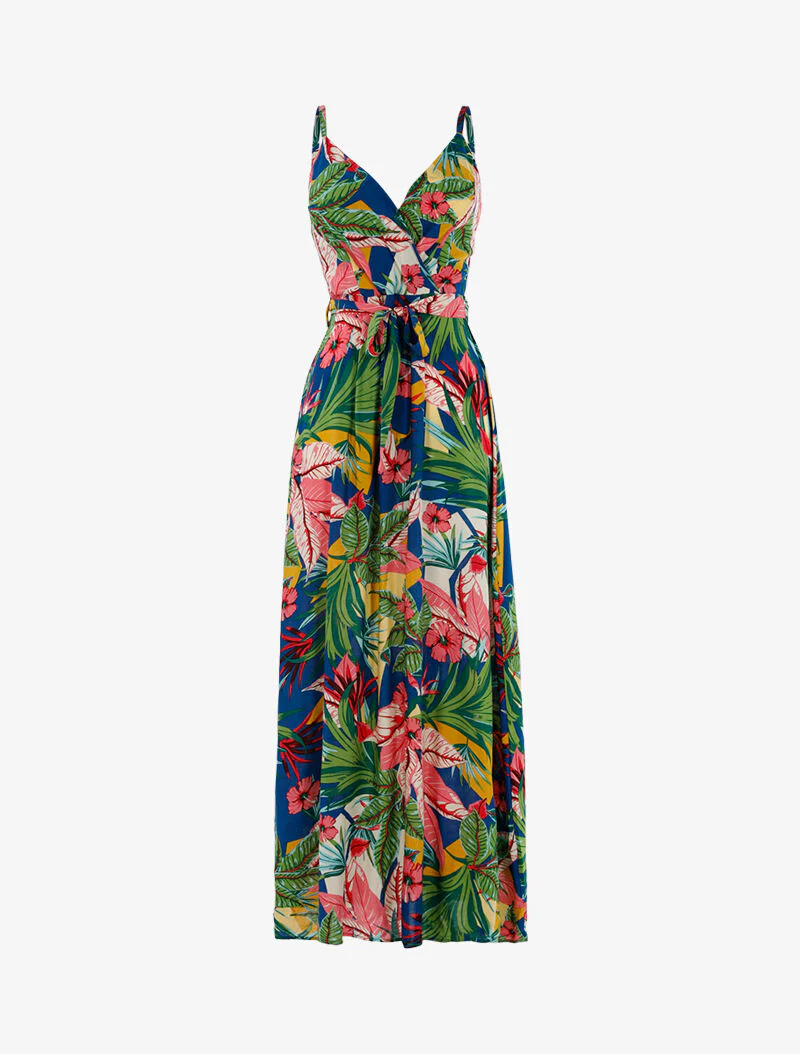 Lange jurk met tropische print - blauw