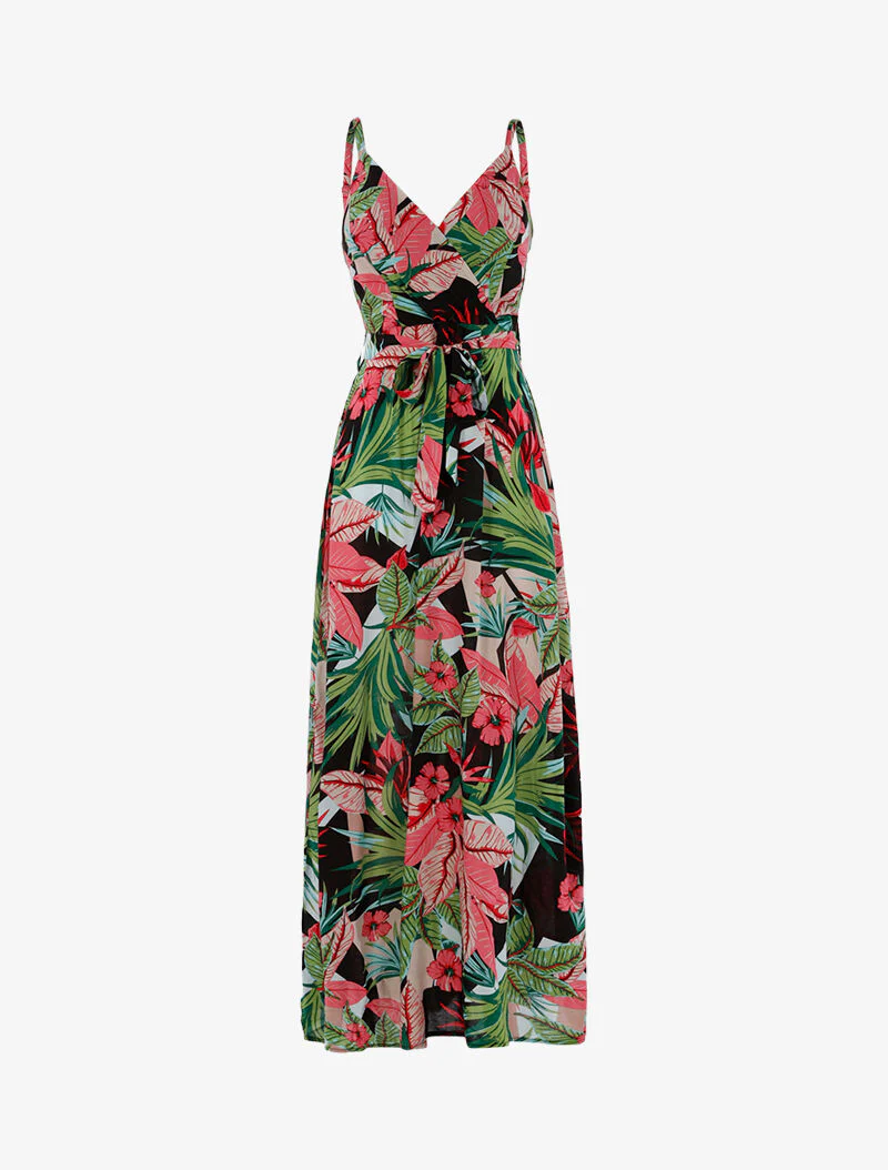 Lange jurk met tropische print - zwart