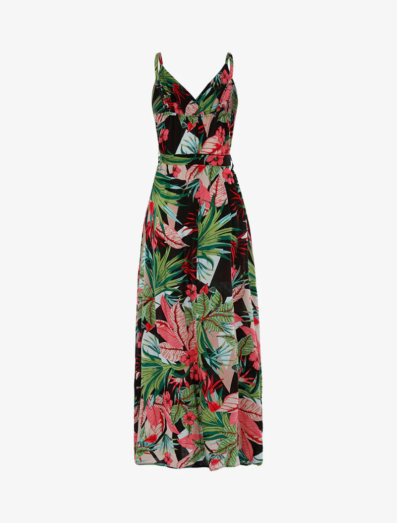 Lange jurk met tropische print - zwart - Image 2