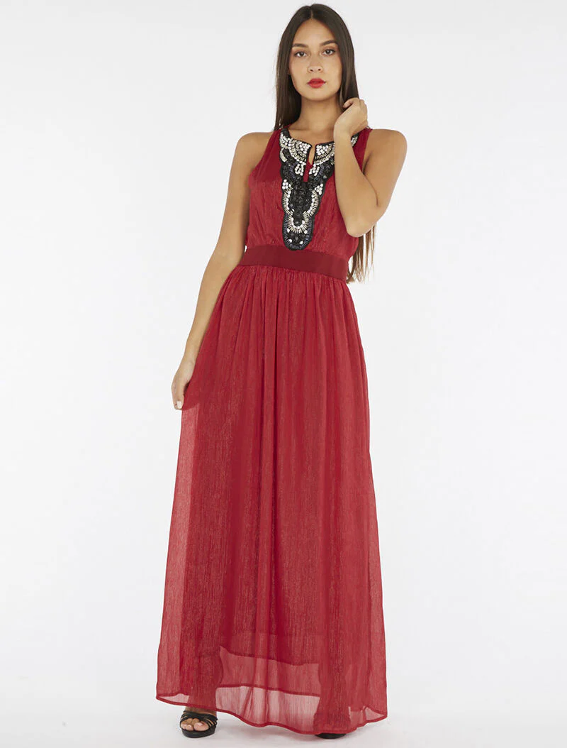 Lange jurk met sieraden borststuk - bordeaux - Image 3