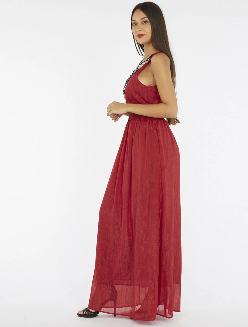 Lange jurk met sieraden borststuk - bordeaux - Image 5
