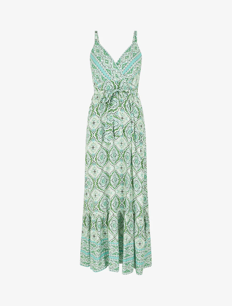 Lange uitlopende jurk met bloemen arabeskenprint en bandjes - Groen