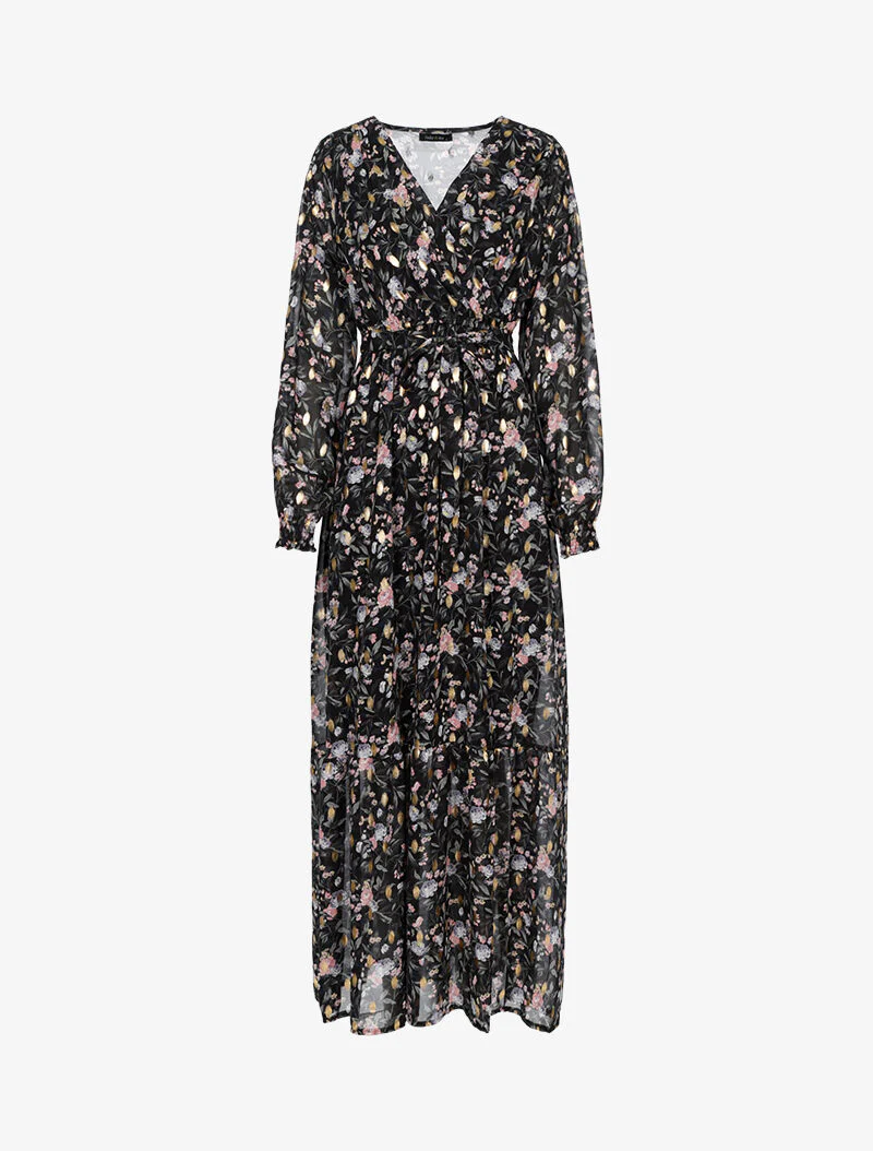 Lange lichte jurk met bloemenprint en flocking met basque - zwart
