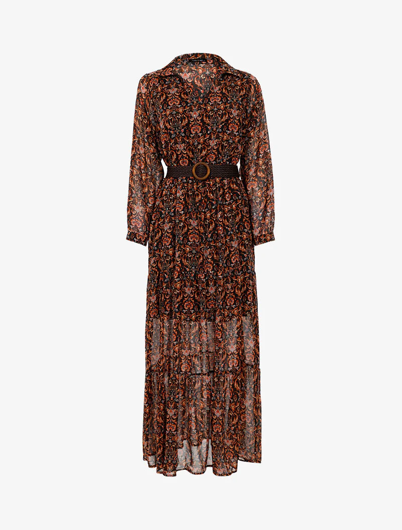 Lange lichte jurk met barokprint en peplum - zwart - Image 2