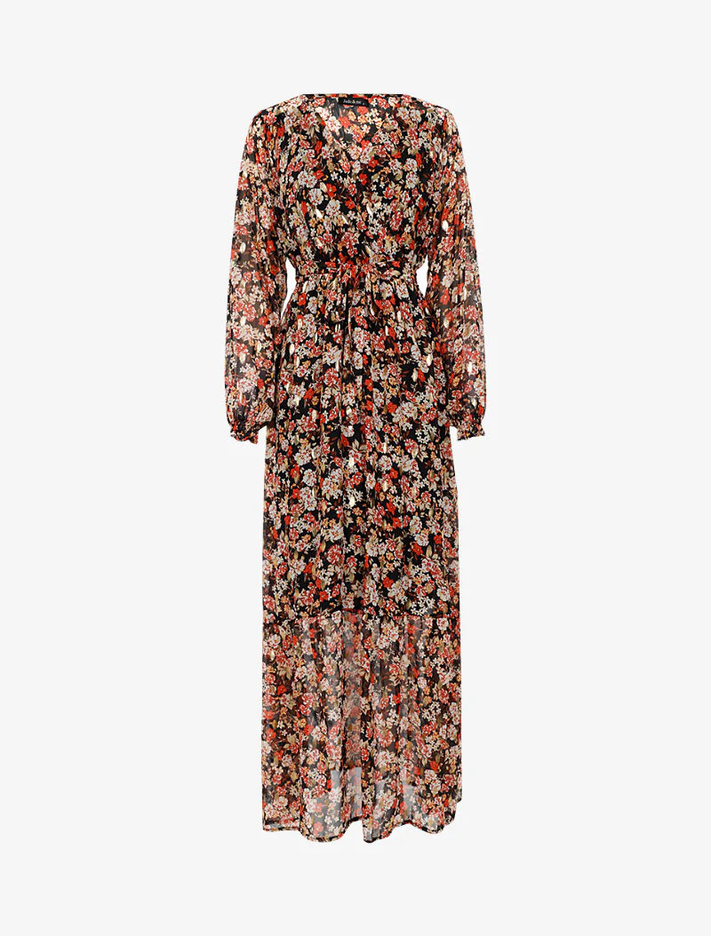Lange lichte jurk met bloemenprint en peplum - zwart