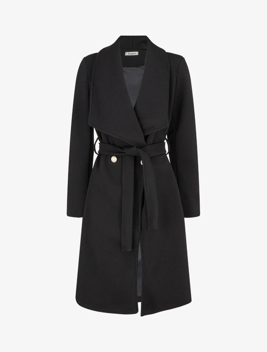 Lange mantel met riem - Zwart