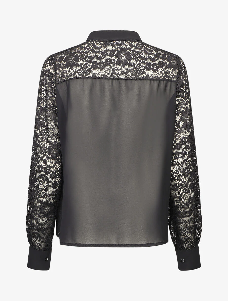 Lange mouwen blouse met kanten gaatjes - Zwart - Image 2