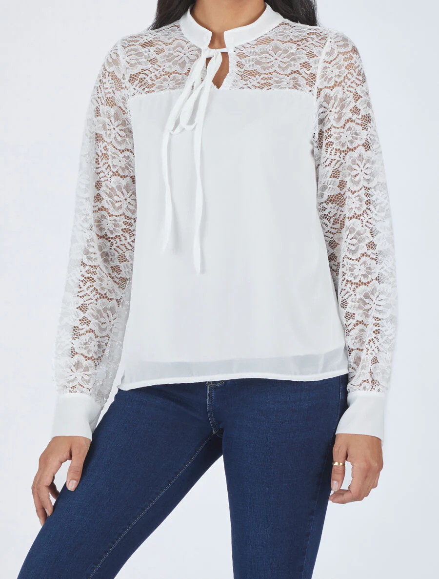 Lange mouwen blouse met kanten gaatjes - Wit - Image 4