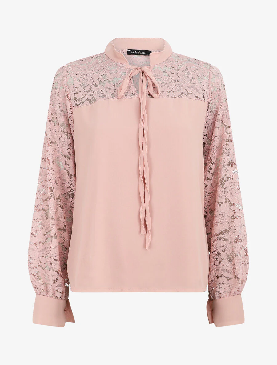 Lange mouwen blouse met kanten gaatjes - Oudroze