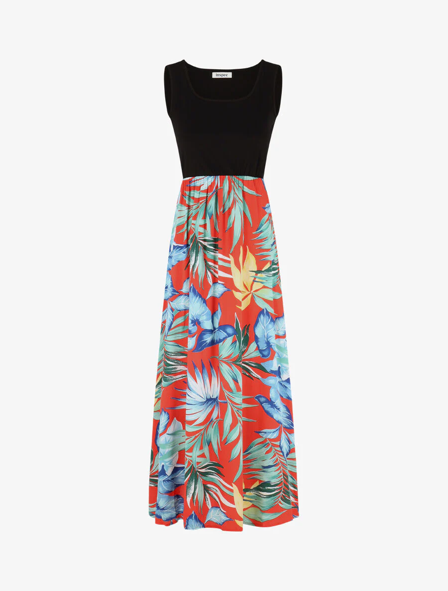 Lange mouwloze jurk met bladerenprint - Blauw