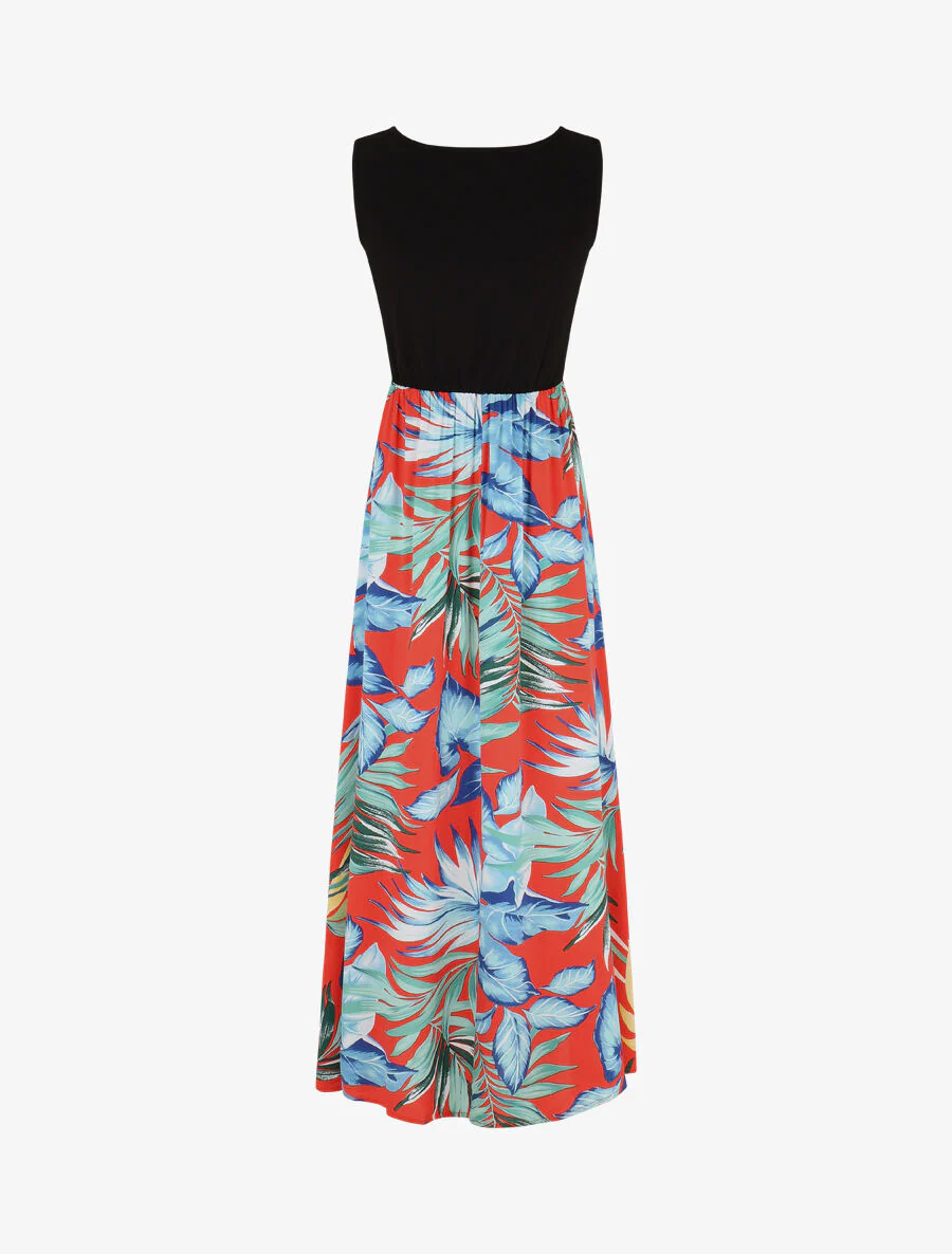 Lange mouwloze jurk met bladerenprint - Blauw - Image 2