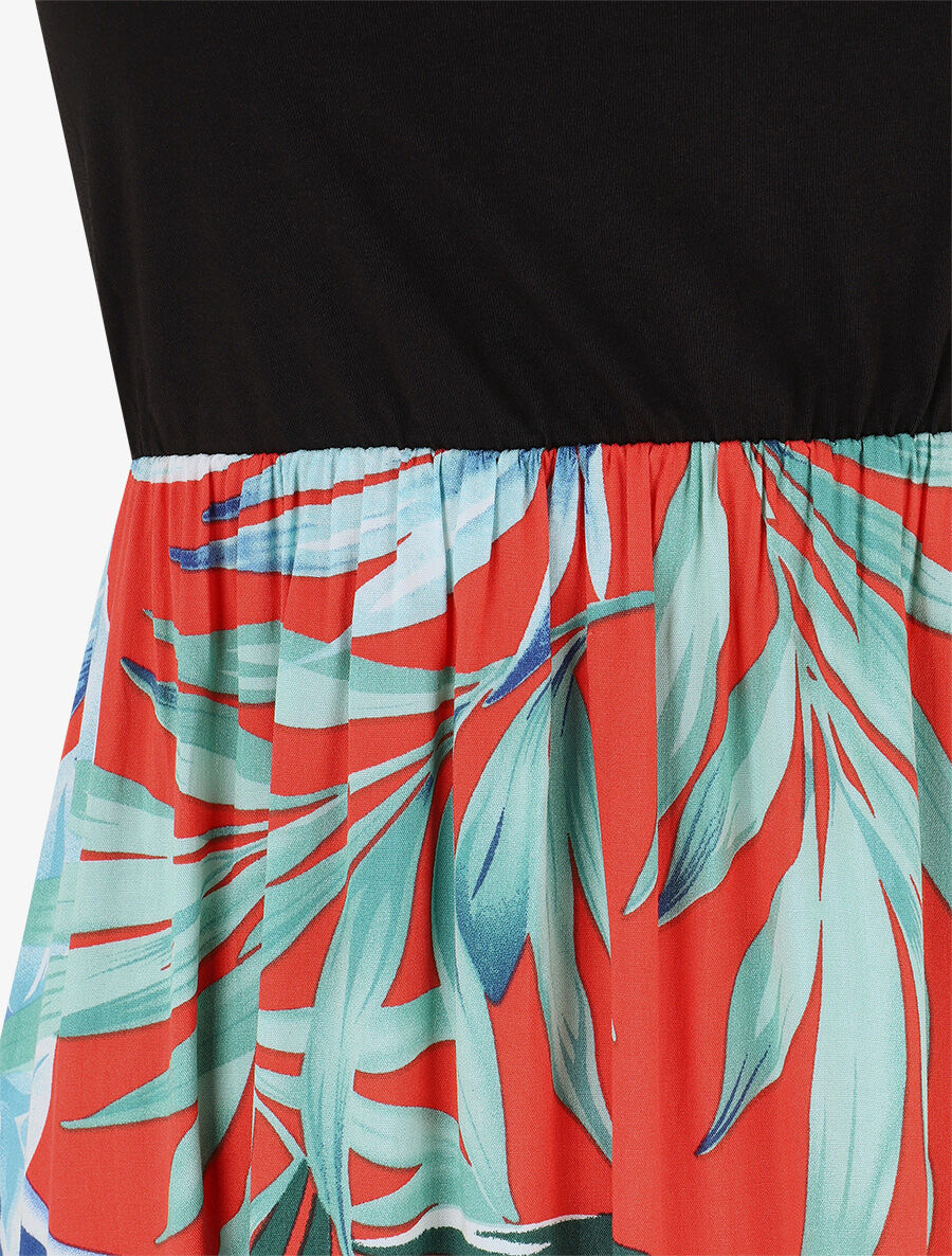 Lange mouwloze jurk met bladerenprint - Blauw - Image 3