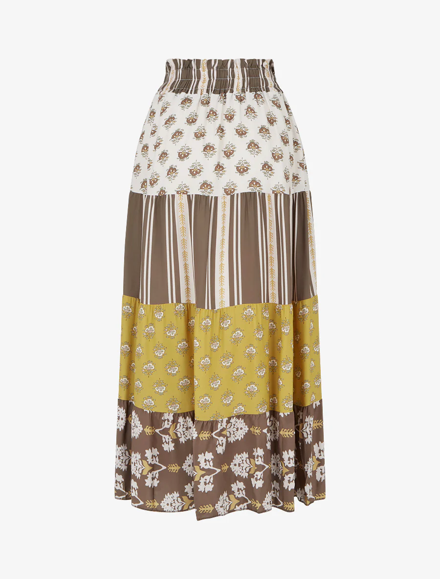 Lange patchwork rok met een uitlopende snit - Bruin - Image 2