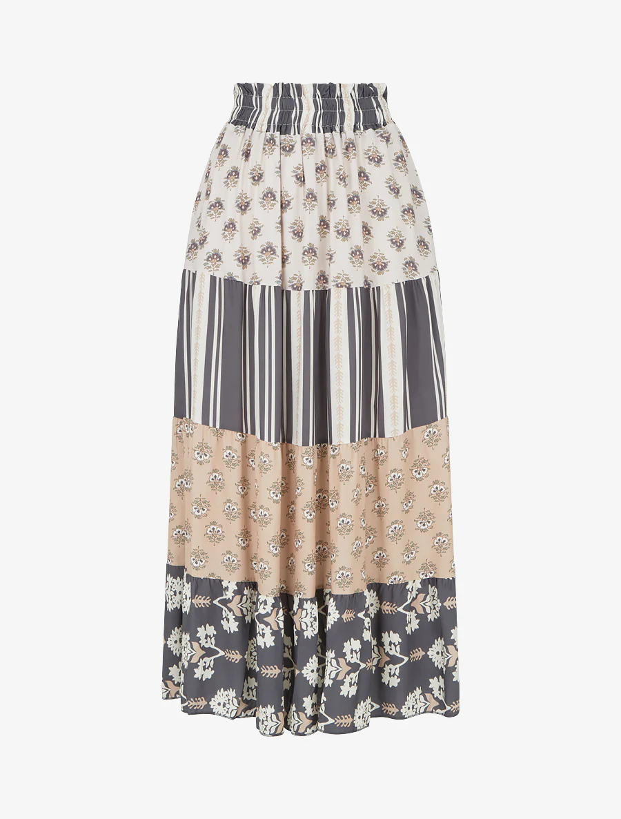 Lange patchwork rok met een uitlopende snit - Donkergrijs