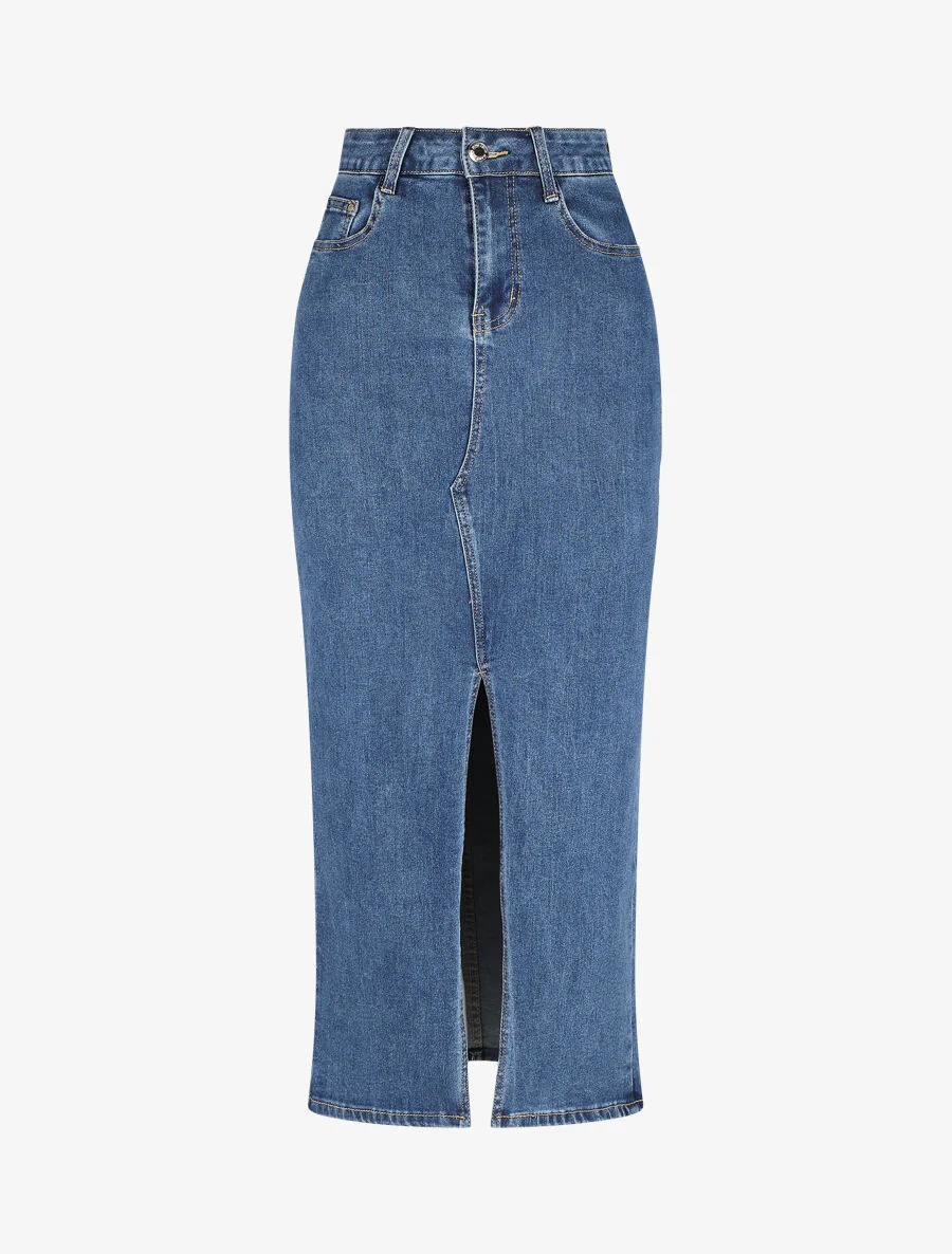 Lange recht gesneden denim rok - blauw