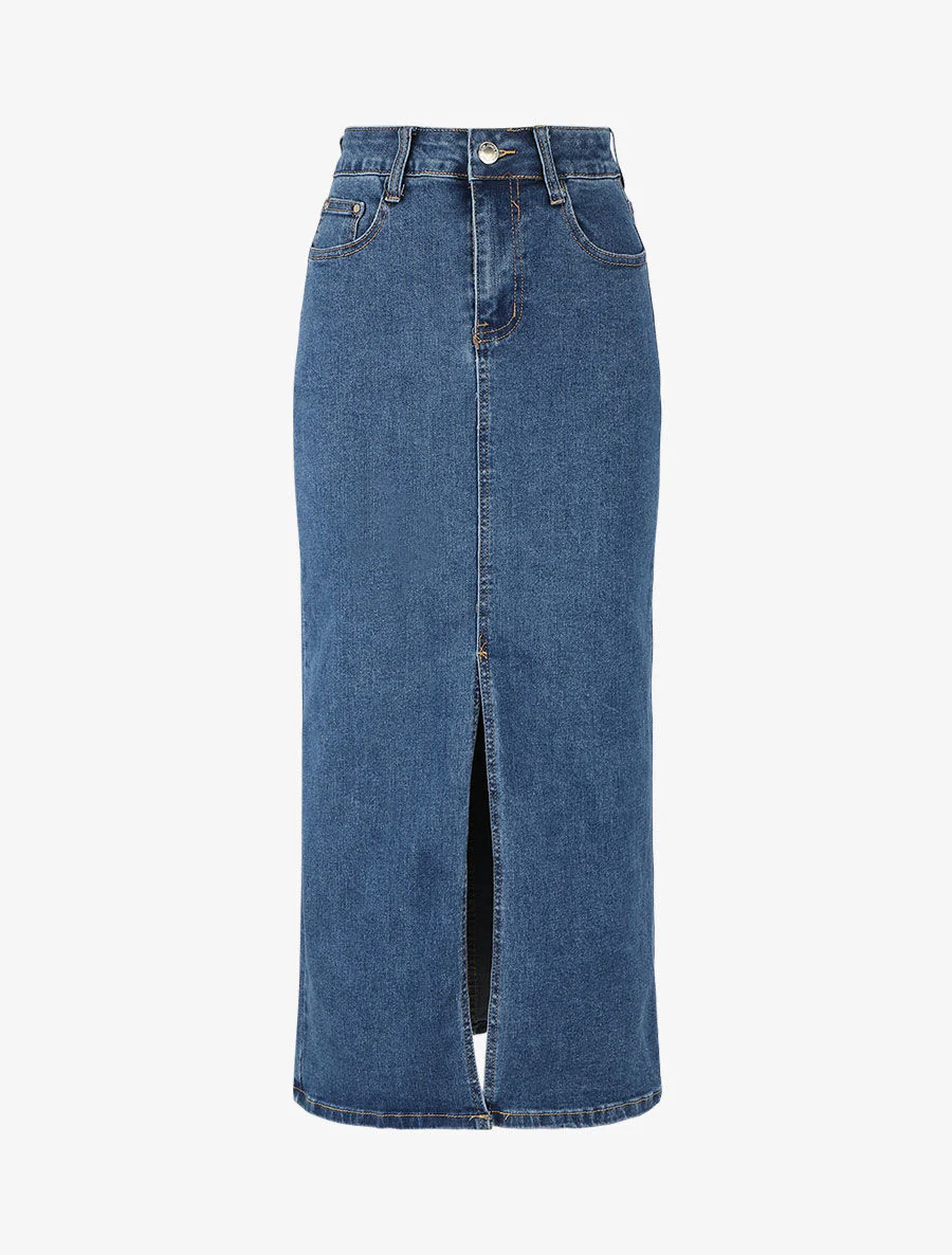 Lange recht gesneden denim rok - Denim blauw