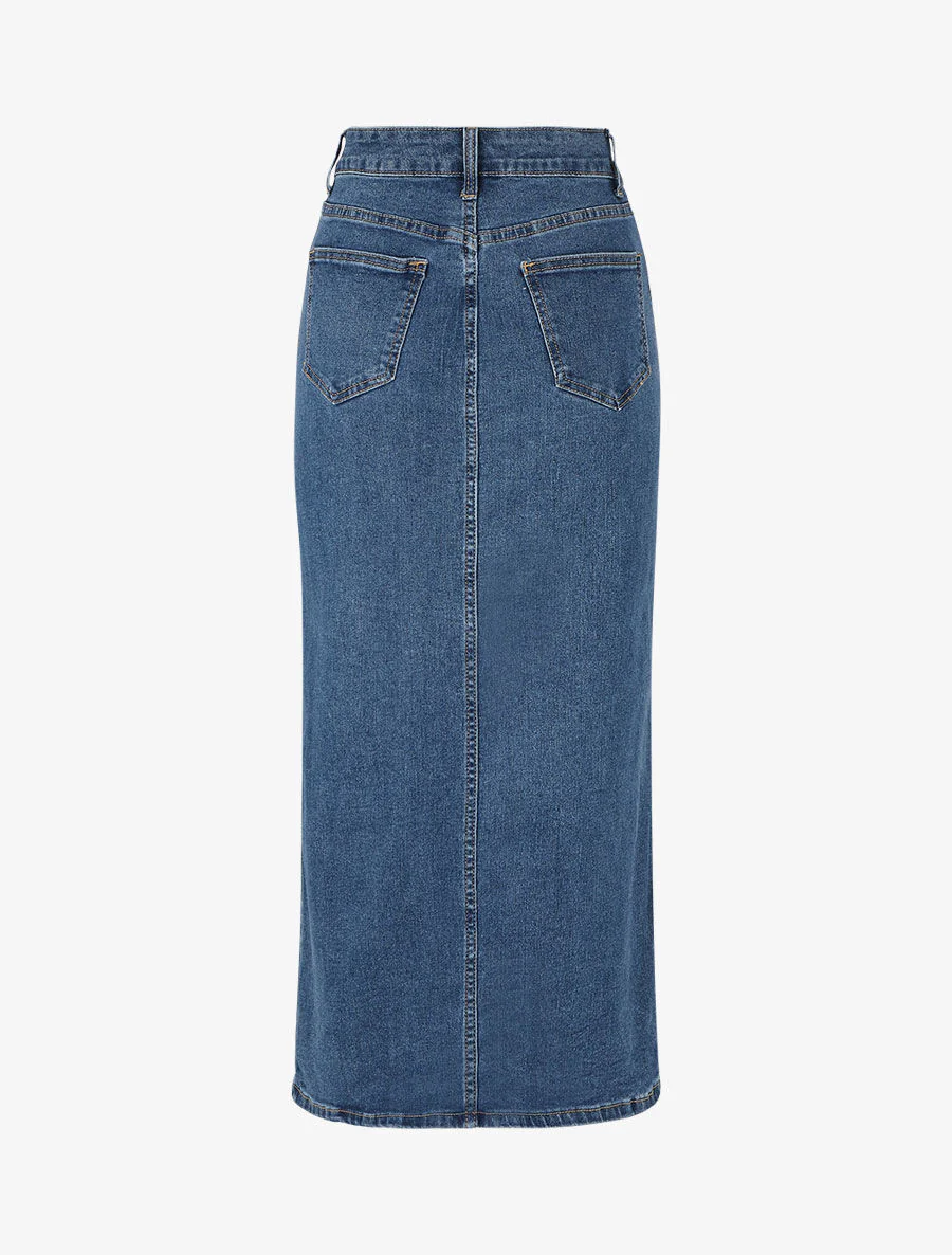 Lange recht gesneden denim rok - Denim blauw - Image 2