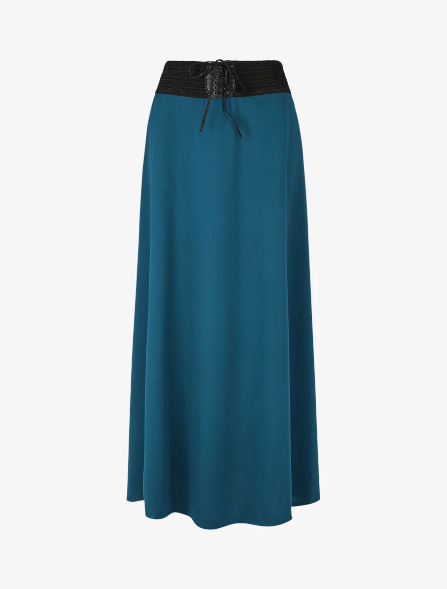Lange rechte effen rok met elastische taille - Blauwgroen
