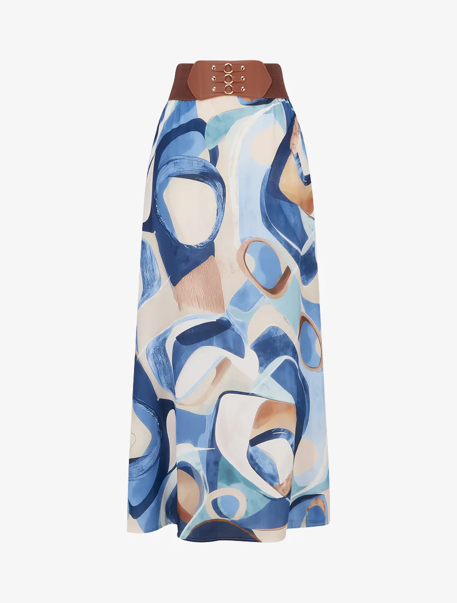 Lange rok met abstracte print en fantasietaille. - Blauw