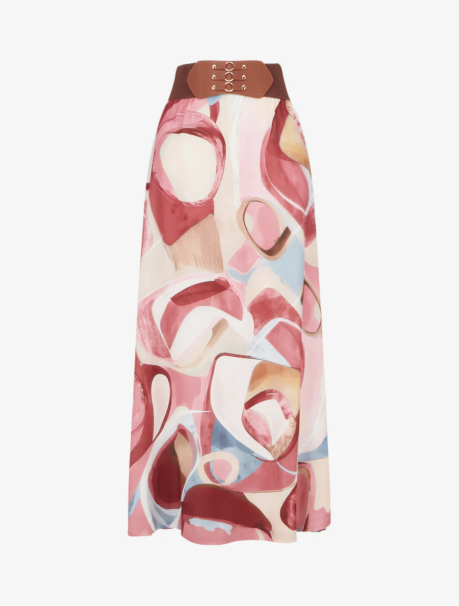Lange rok met abstracte print en fantasietaille. - Roos