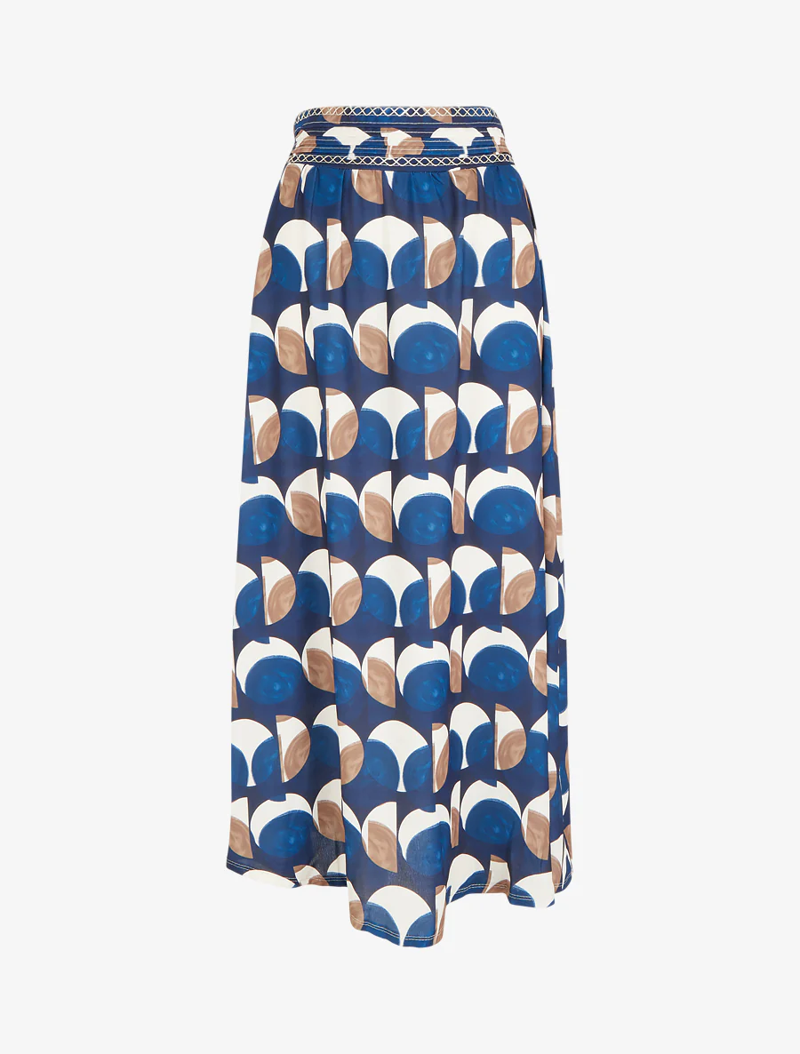 Lange rok met abstracte print en geborduurd detail. - Marine