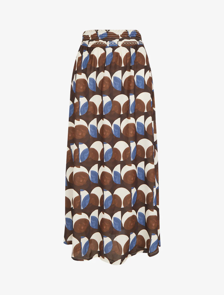 Lange rok met abstracte print en geborduurd detail. - Bruin