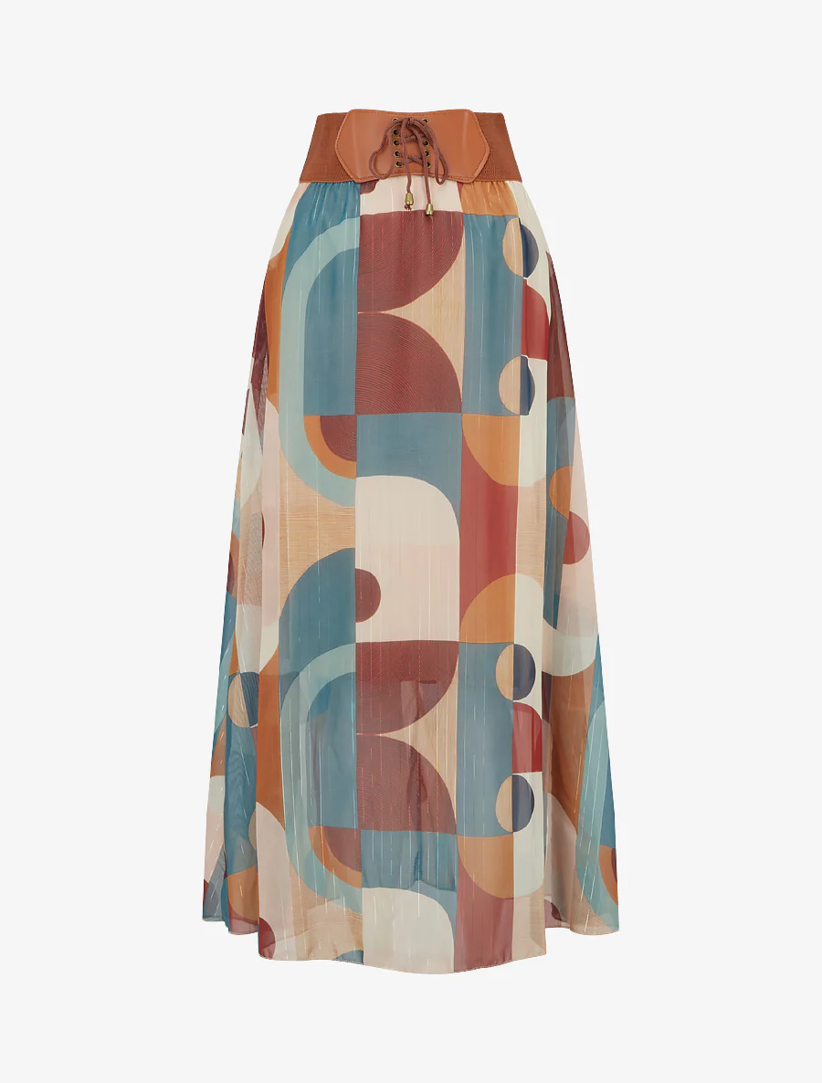 Lange rok met abstracte print - Eendenblauw