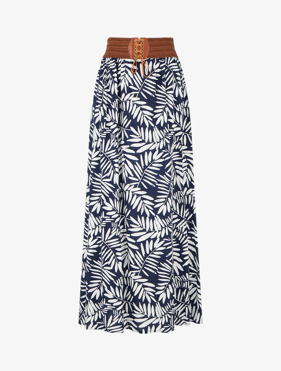 Lange rok met bladdessin en elastische tailleband - Marine
