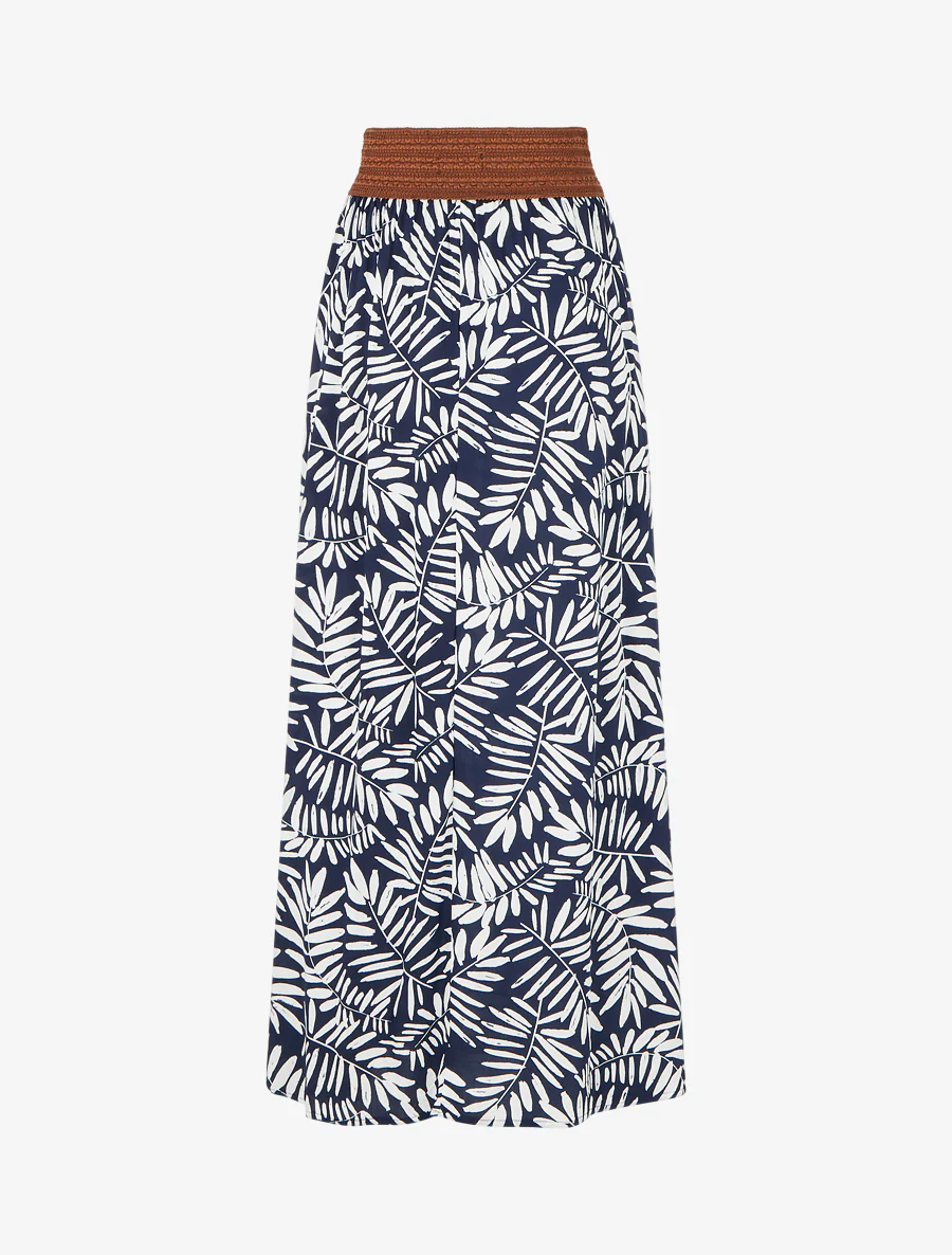 Lange rok met bladdessin en elastische tailleband - Marine - Image 2