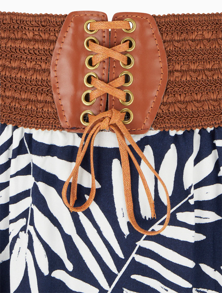 Lange rok met bladdessin en elastische tailleband - Marine - Image 3