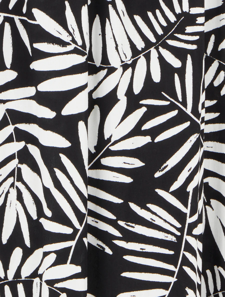 Lange rok met bladdessin en elastische tailleband - Zwart - Image 3