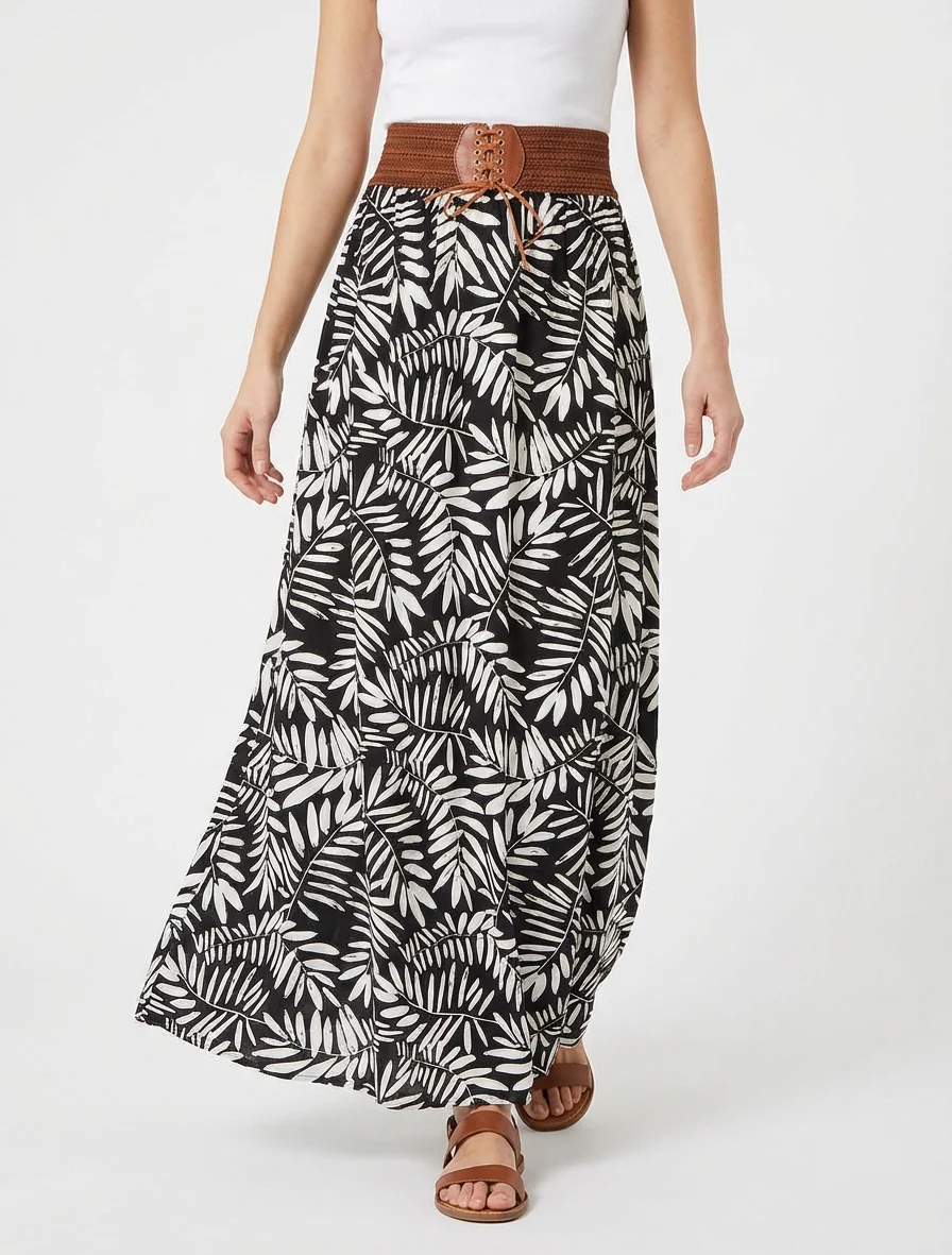 Lange rok met bladdessin en elastische tailleband - Zwart - Image 4