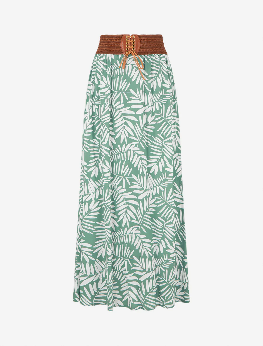 Lange rok met bladdessin en elastische tailleband - Watergroen