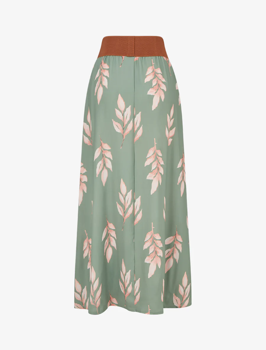 Lange rok met bladenprint - Kaki - Image 2