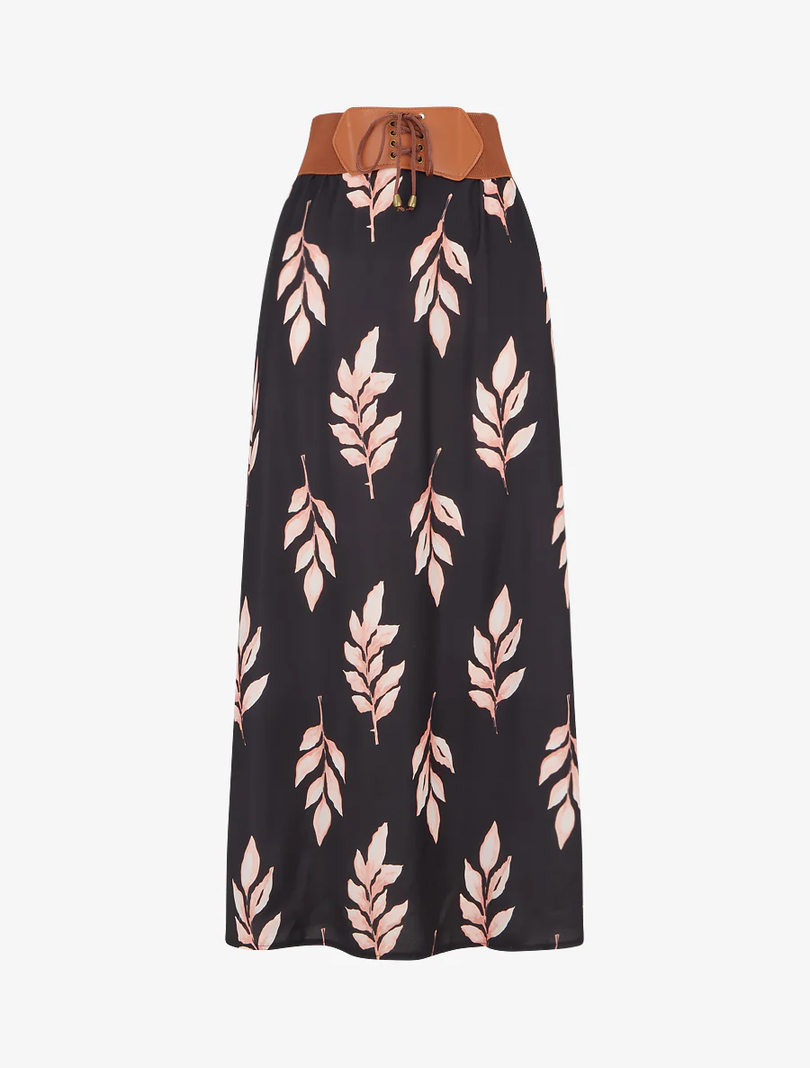 Lange rok met bladenprint - Zwart