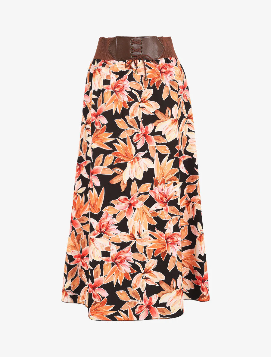 Lange rok met bloemenprint en hoge taille - Zwart
