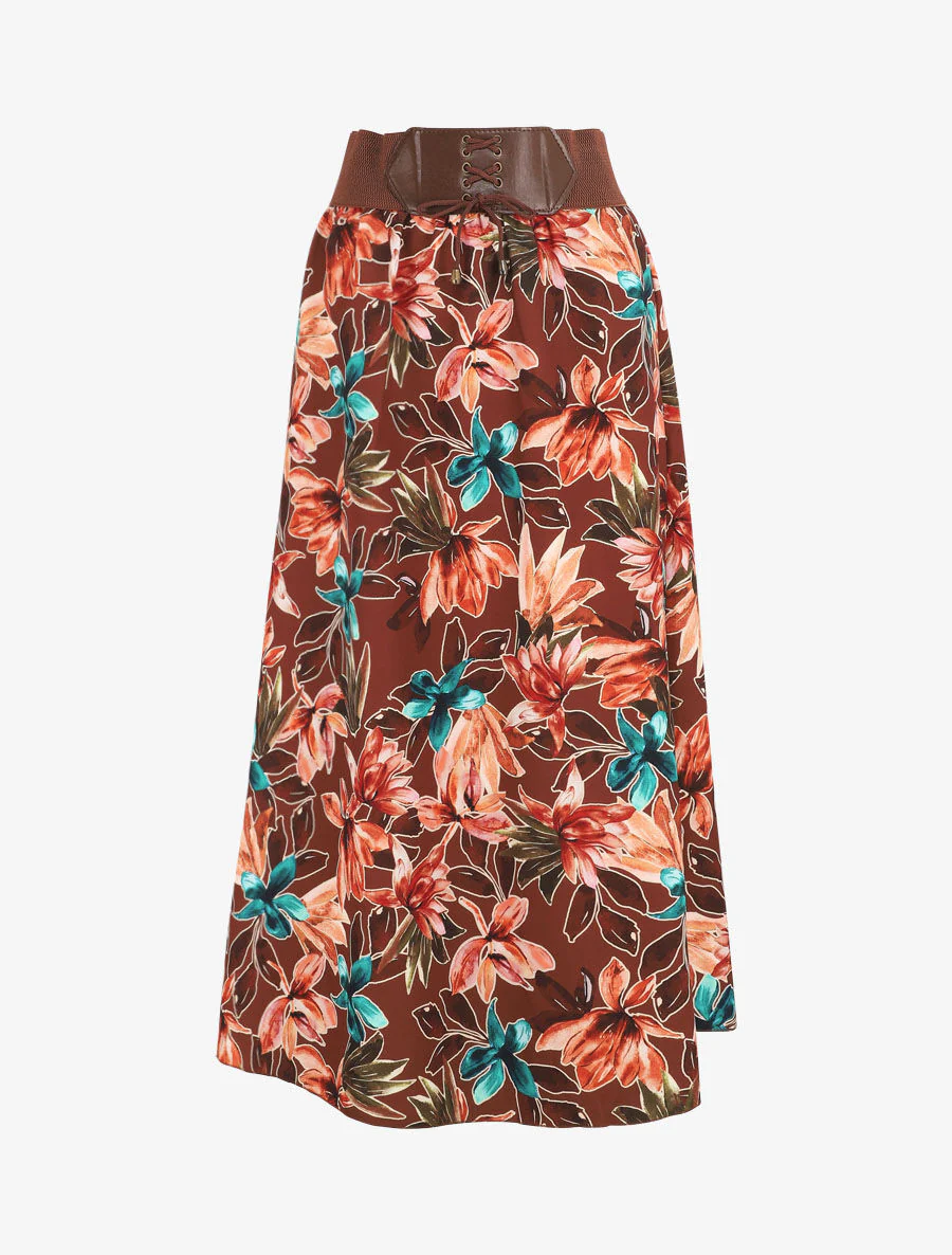 Lange rok met bloemenprint en hoge taille - Bruin