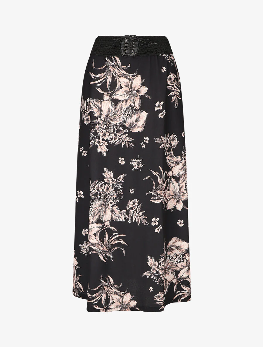 Lange rok met bloemenprint en hoge taille - Zwart