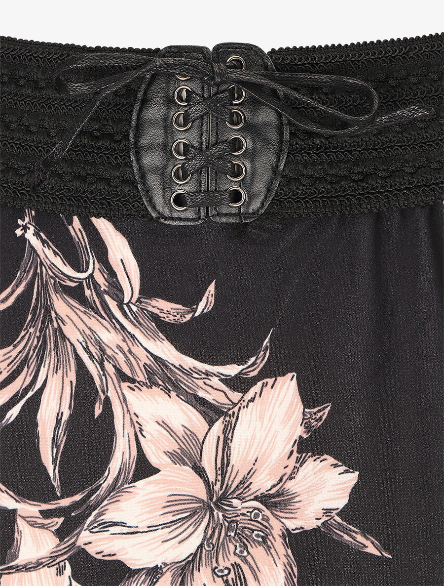 Lange rok met bloemenprint en hoge taille - Zwart - Image 3