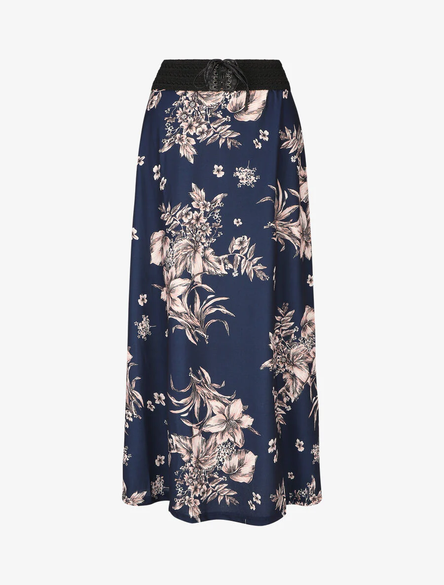 Lange rok met bloemenprint en hoge taille - Marineblauw