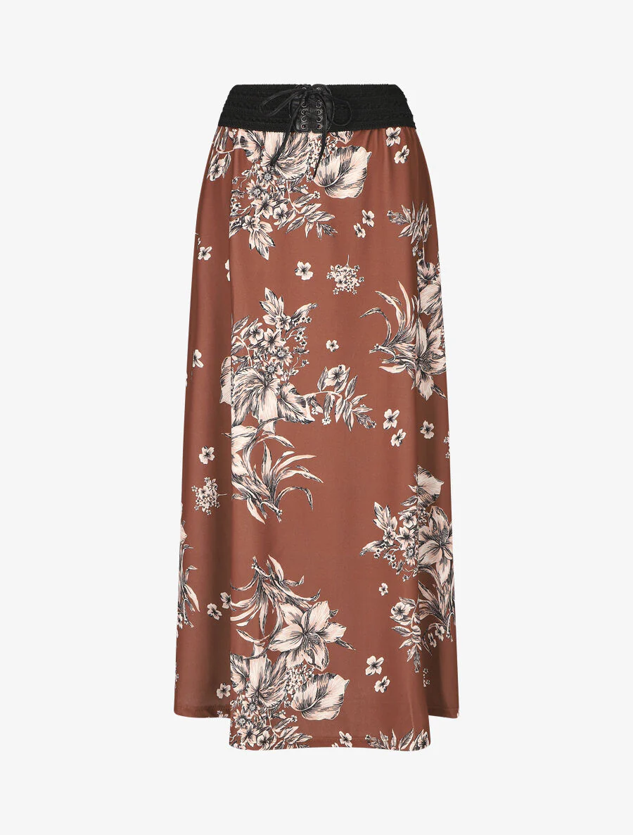Lange rok met bloemenprint en hoge taille - Bruin
