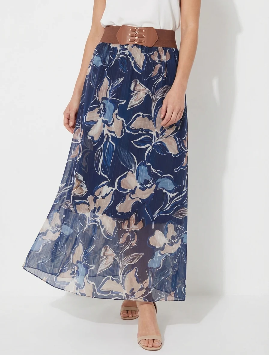 Lange rok met bloemenprint en iriserende strepen - Marine - Image 4