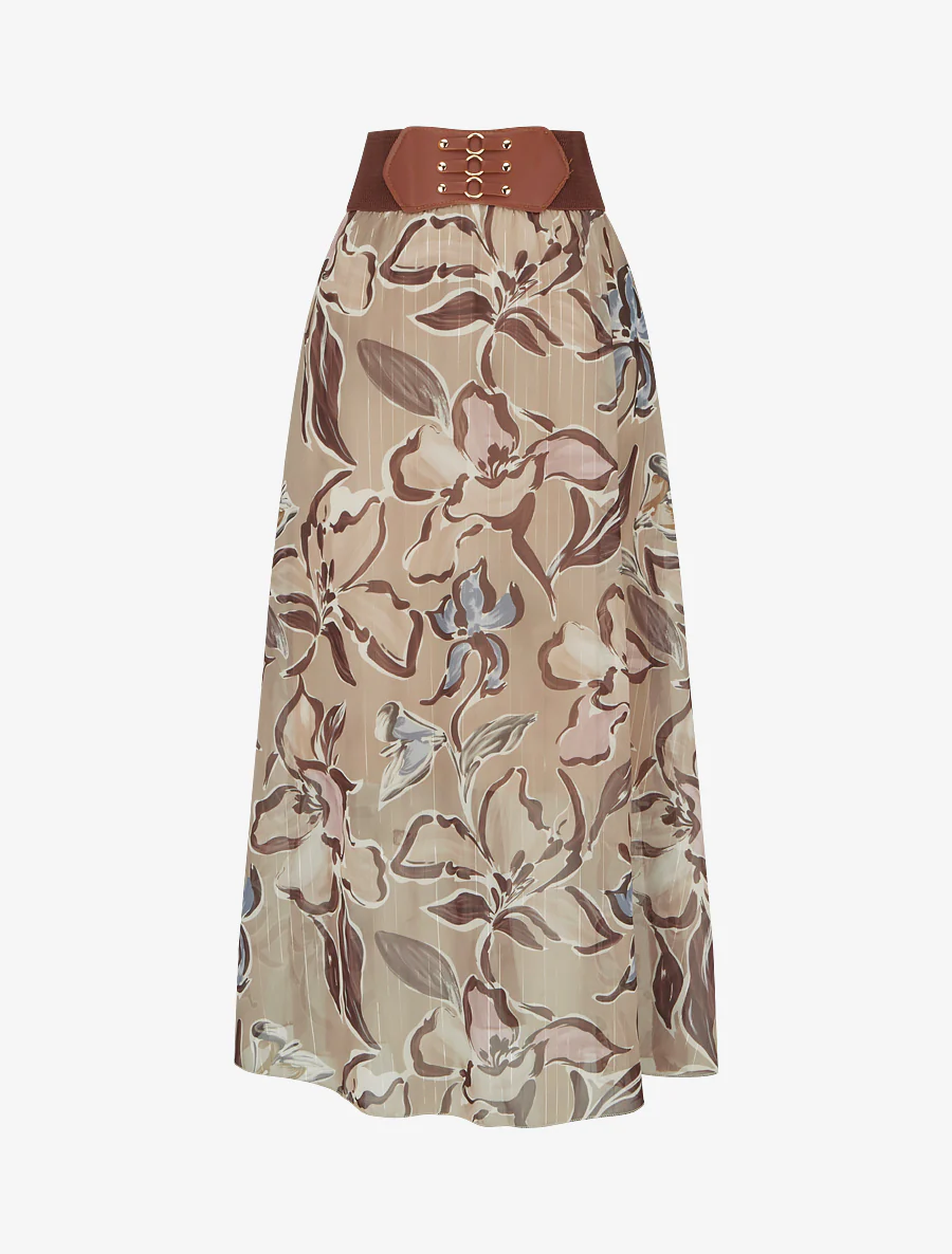 Lange rok met bloemenprint en iriserende strepen - Beige