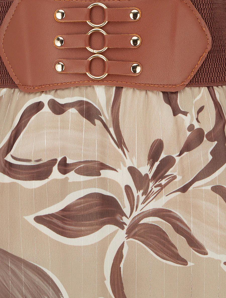 Lange rok met bloemenprint en iriserende strepen - Beige - Image 3