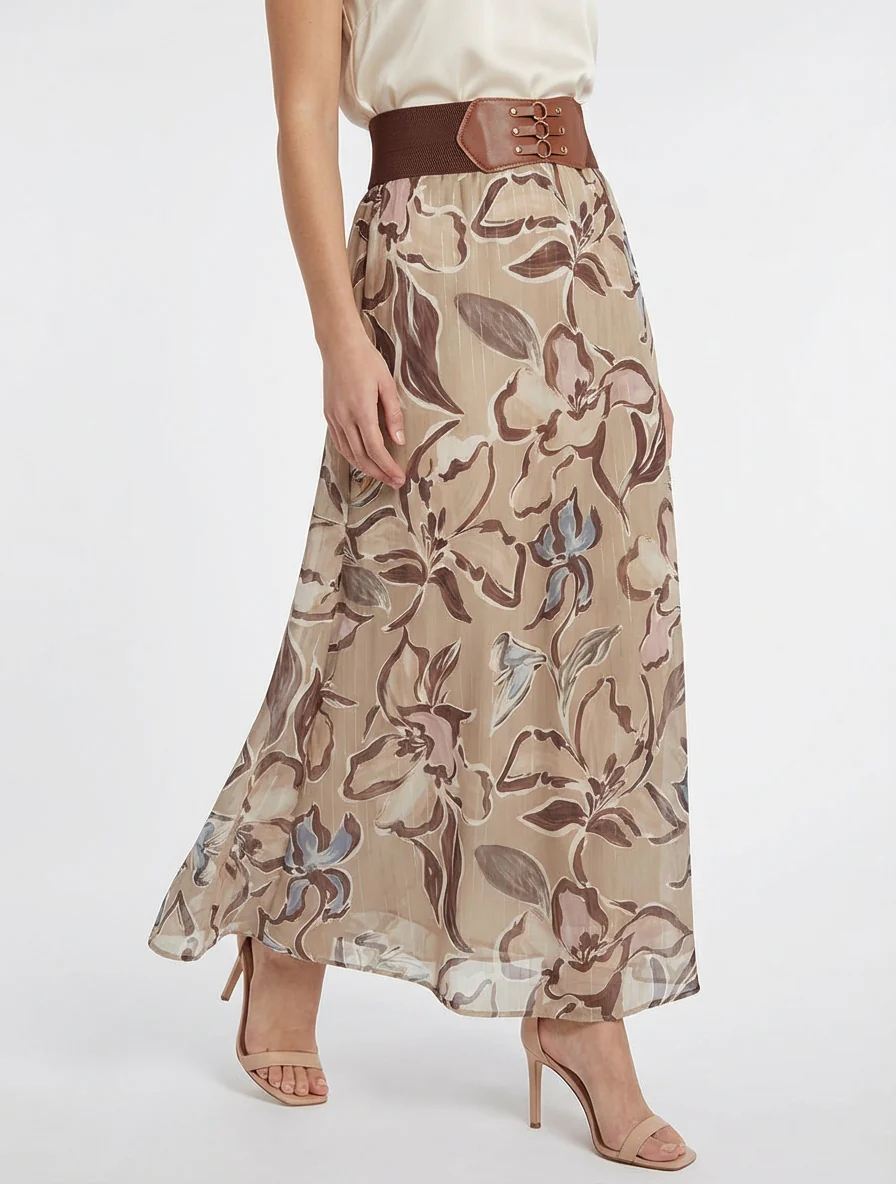 Lange rok met bloemenprint en iriserende strepen - Beige - Image 4