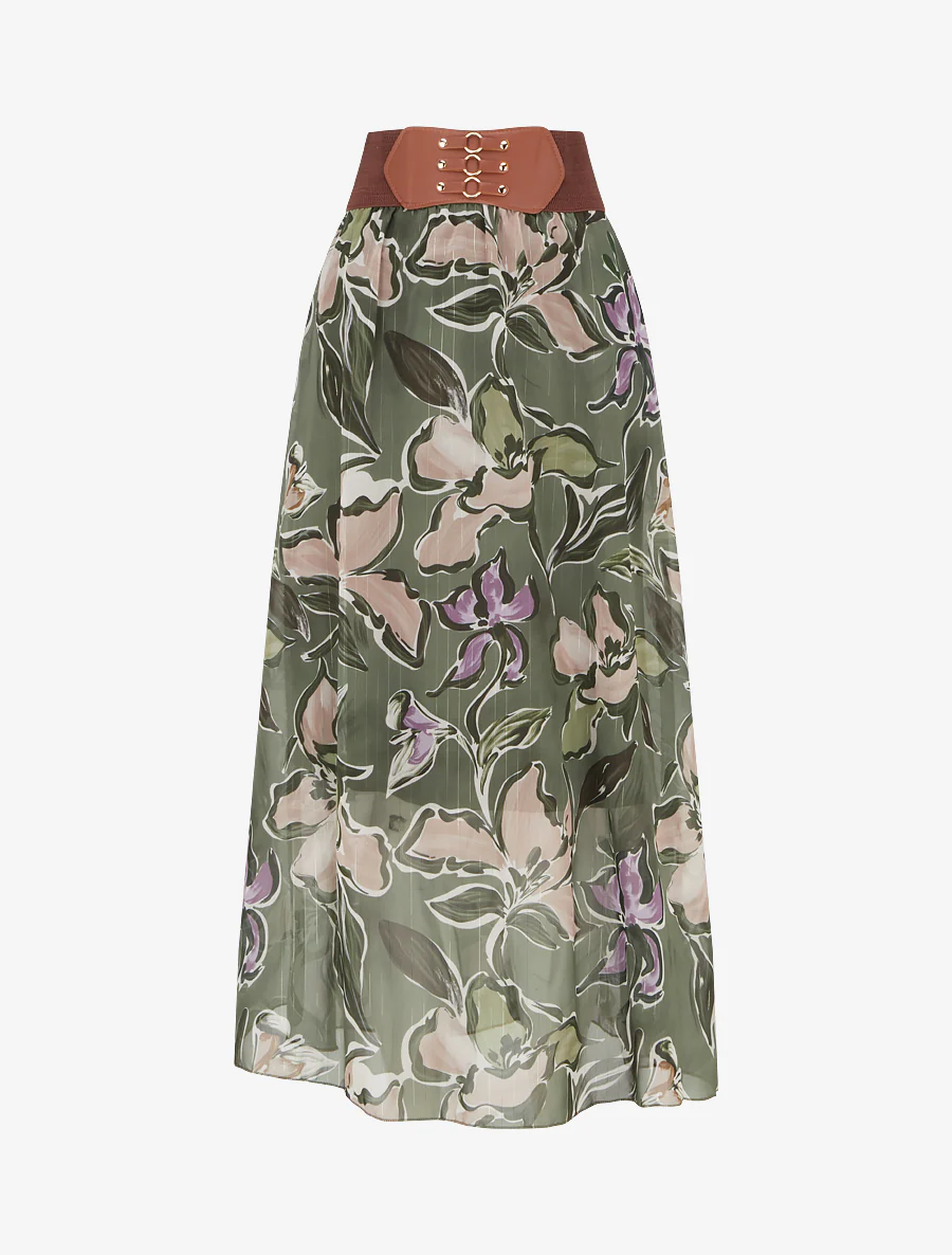 Lange rok met bloemenprint en iriserende strepen - Kaki