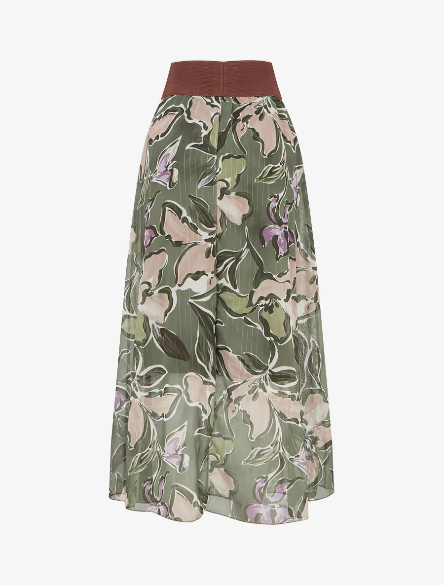 Lange rok met bloemenprint en iriserende strepen - Kaki - Image 2