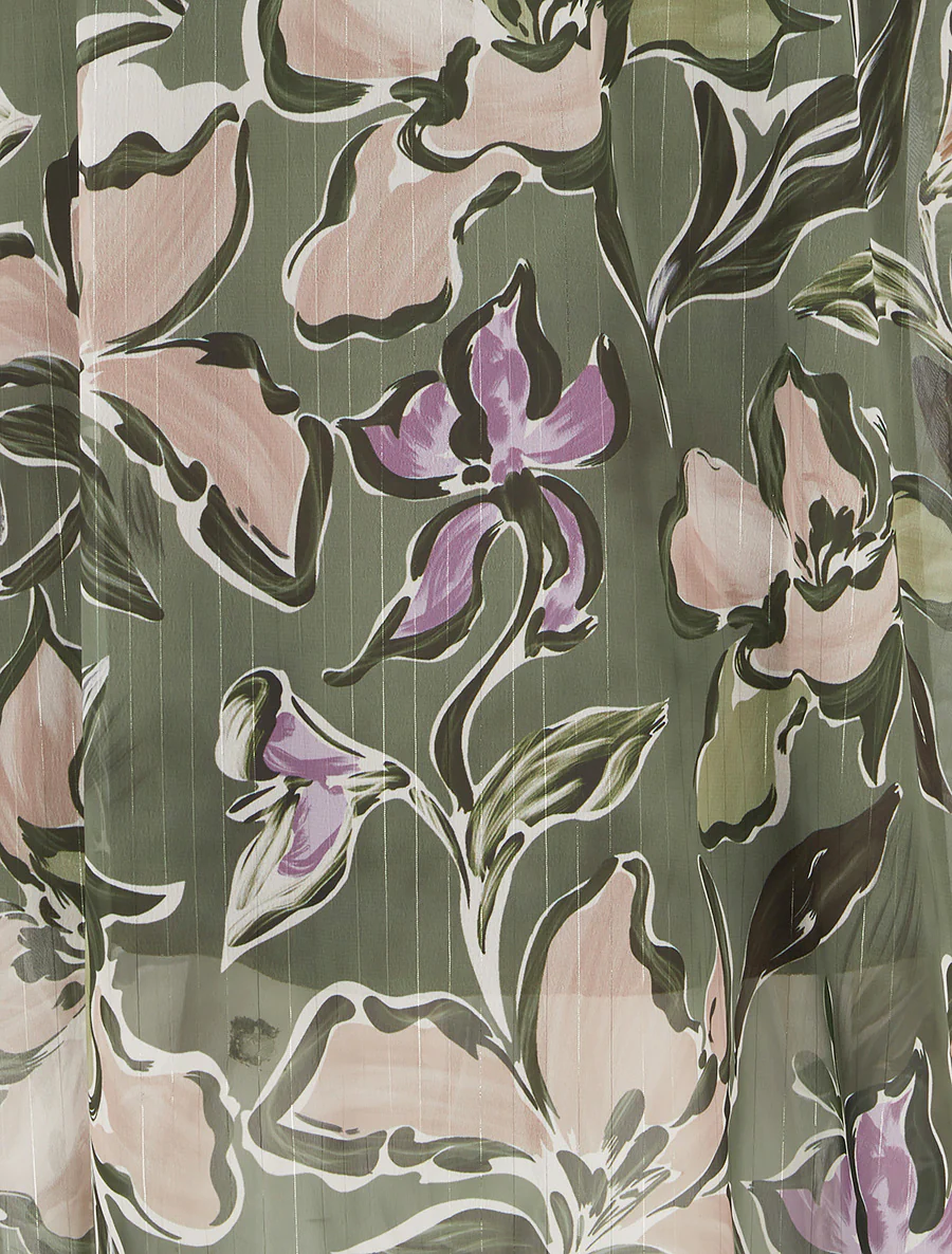 Lange rok met bloemenprint en iriserende strepen - Kaki - Image 3