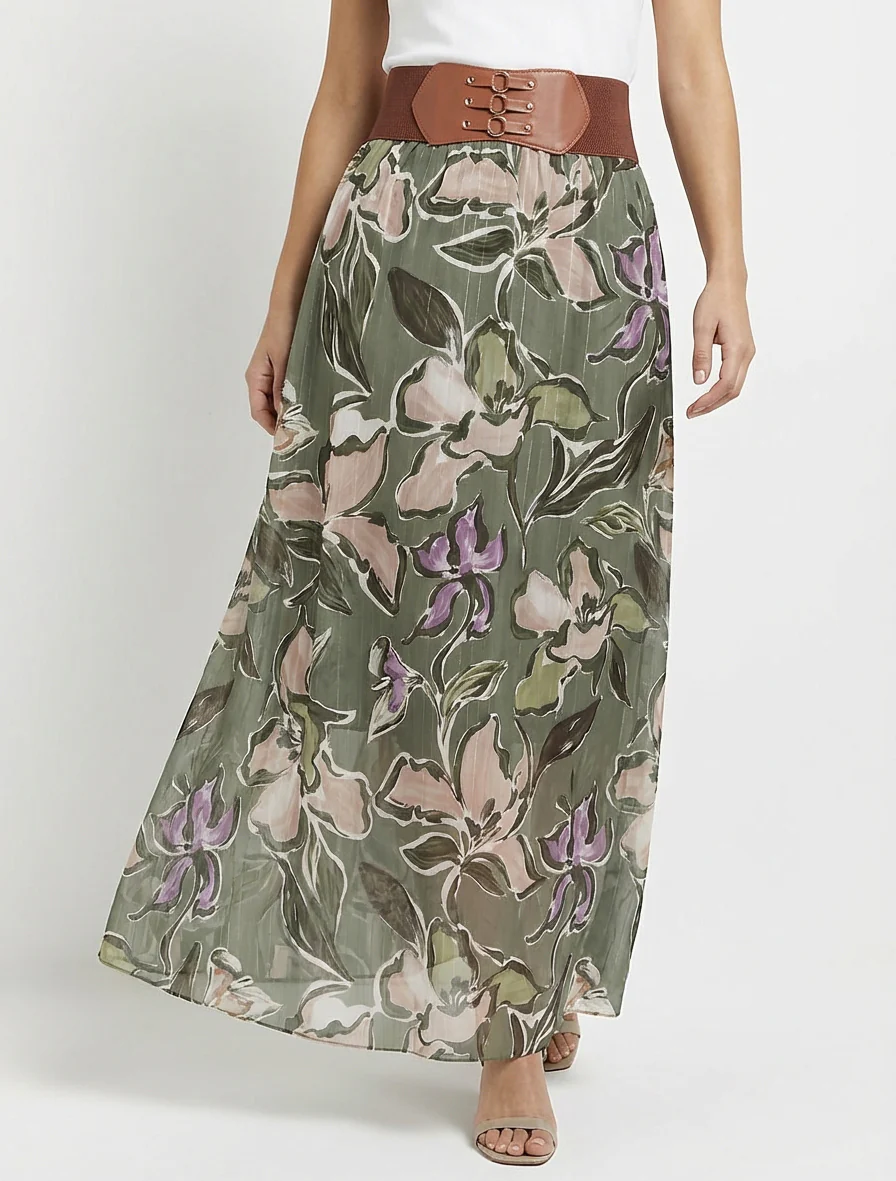 Lange rok met bloemenprint en iriserende strepen - Kaki - Image 4